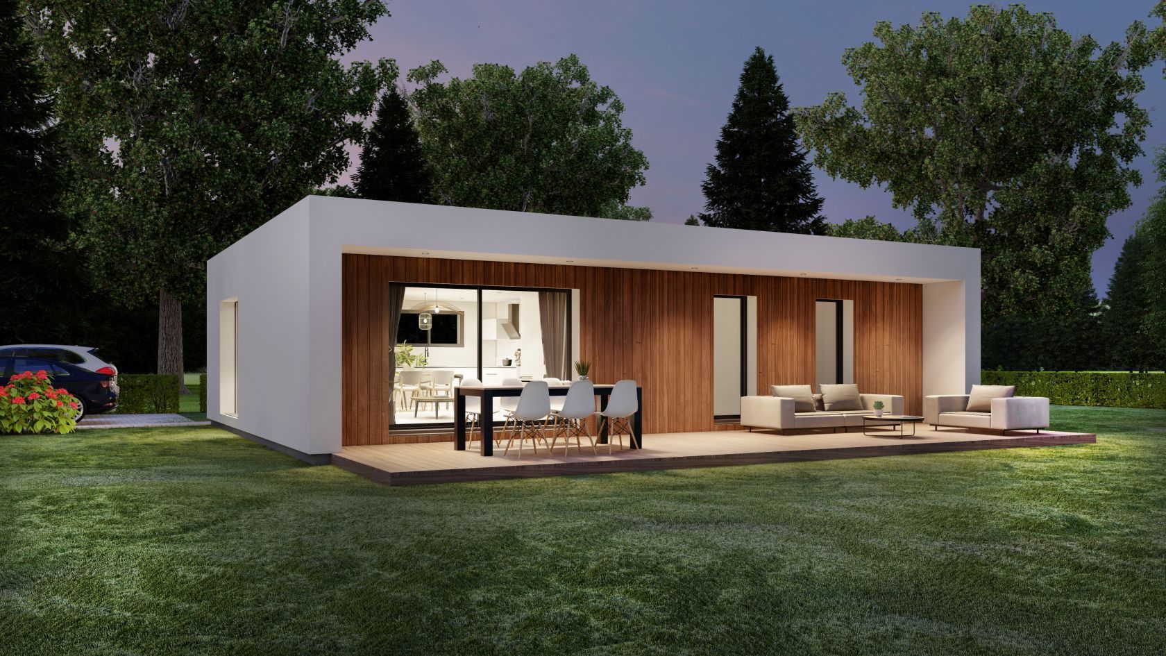 maison moderne à toit plat avec touche de bois